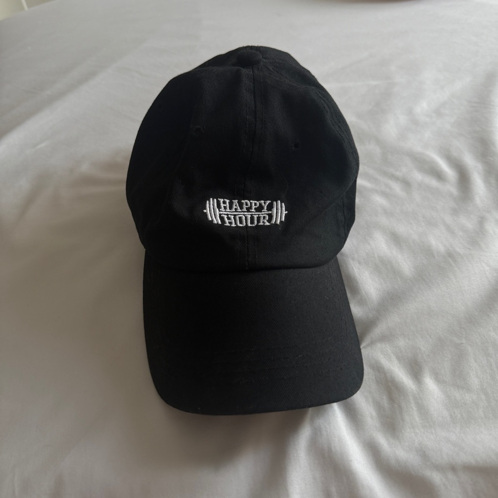 Embroidered Black Cap with 'Happy Hour' Design